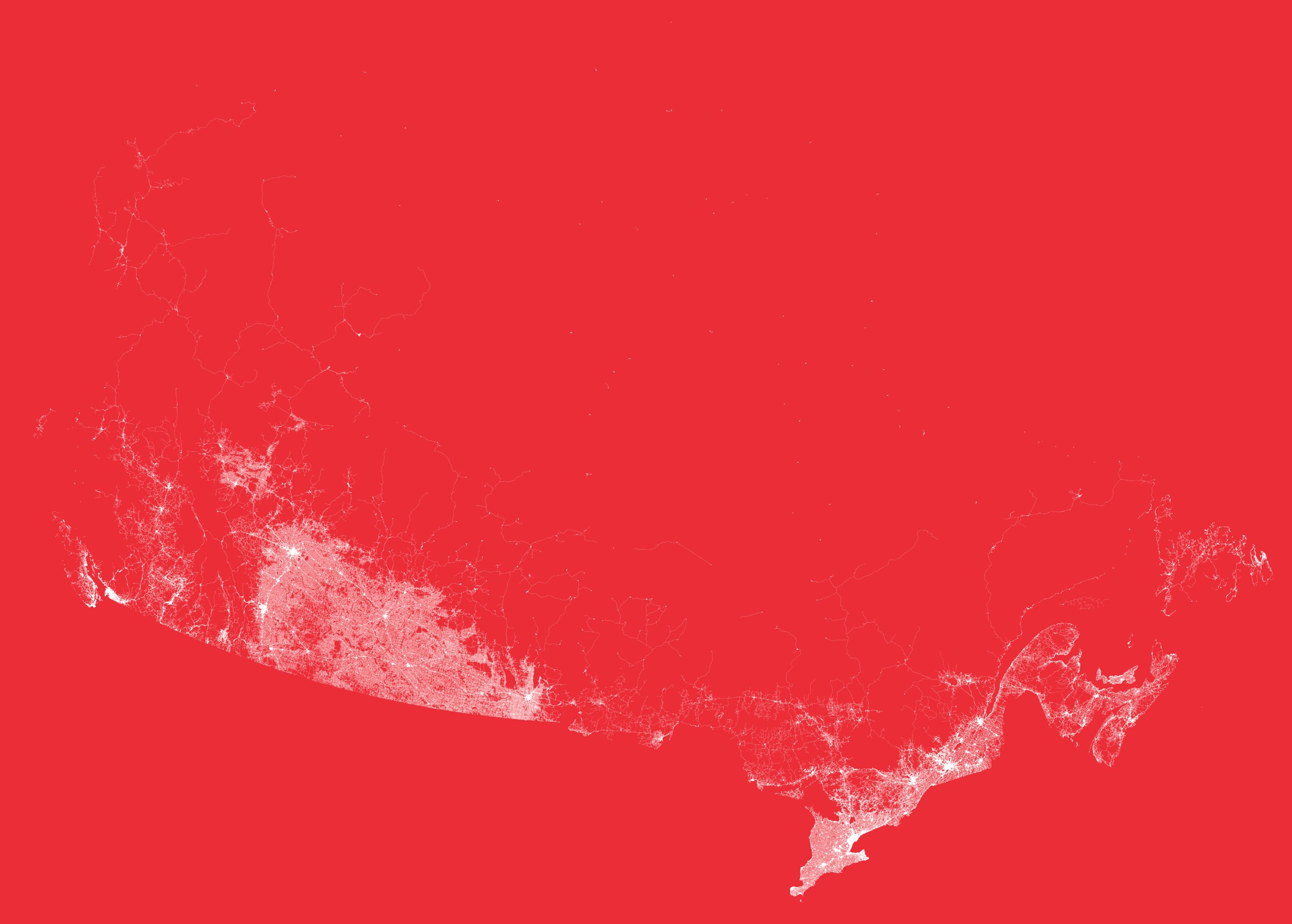 A map of Canada displaying only streets